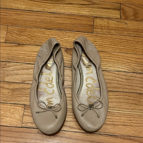 SAM EDELMAN Felicia bow logo beige tan leather flat ballerina shoes - Picture 2 of 8